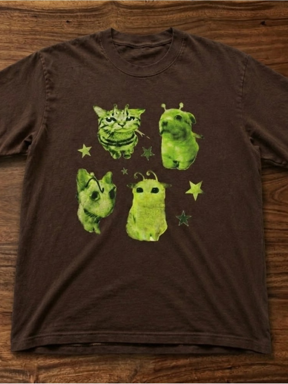 Cat Brown Graphic Tee with Neon Green Cat Art